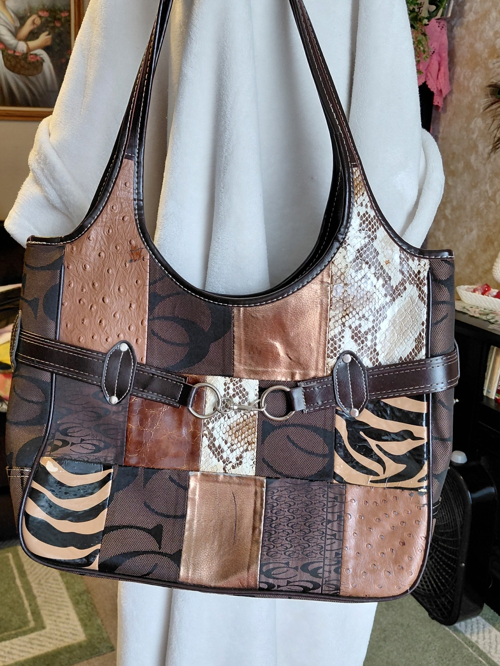Cleto  Patchwork Brown and Tan Leather-Canvas Shoulder Bag It Appears AS A COACH